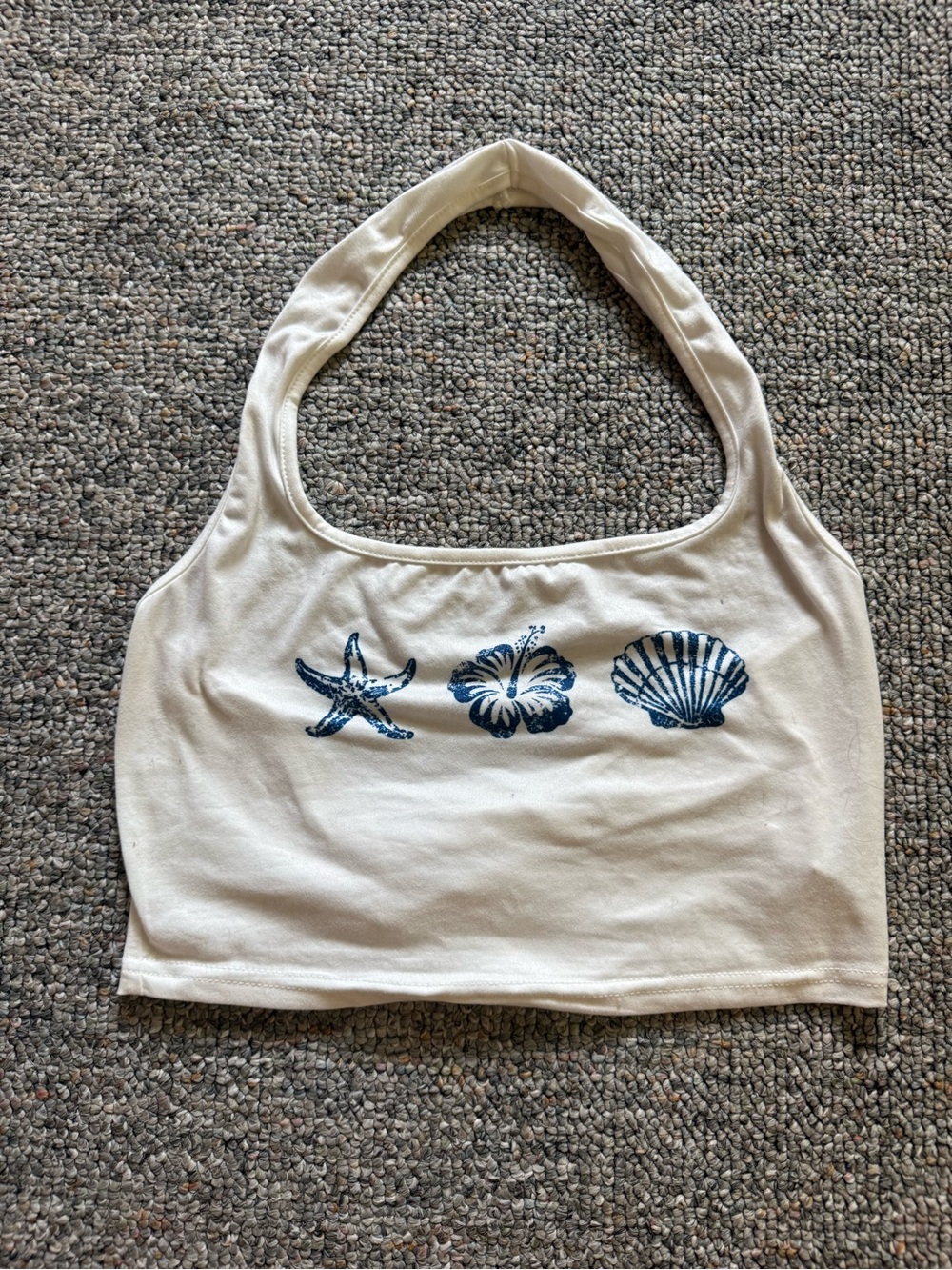 White Beach Motif Halter Tank Top - Blue Shell & Starfish Print